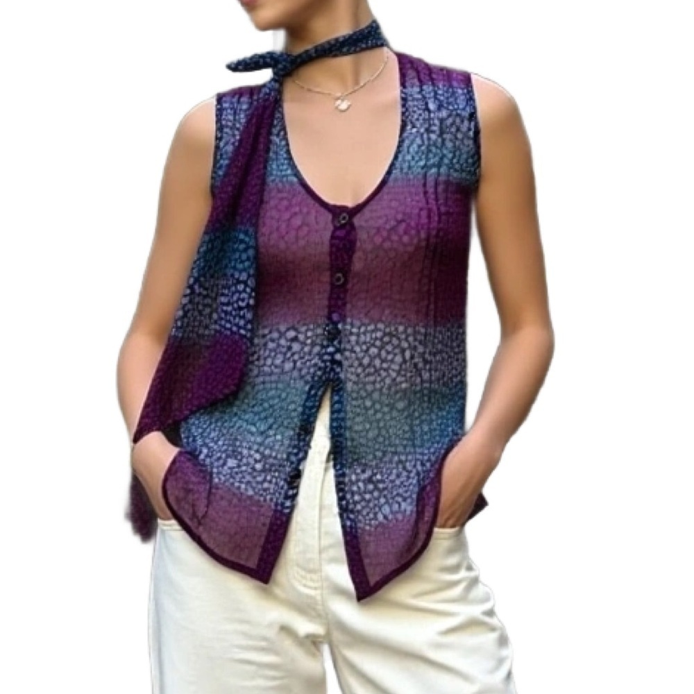 BCBGeneration Sheer Vibrant Purple & Blue Sleeveless Blouse with Tie Size 0
